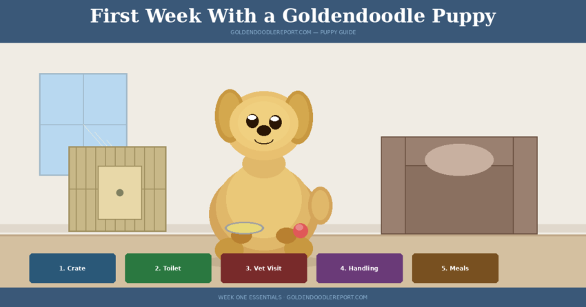 First week with a Goldendoodle puppy — illustrated guide to the most important days of puppy ownership