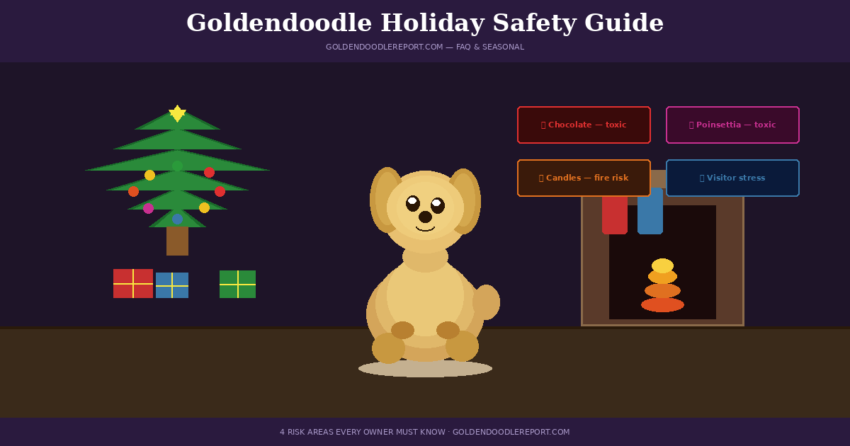 Goldendoodle holiday safety — illustrated scene showing a Goldendoodle near a Christmas tree with holiday hazard warnings