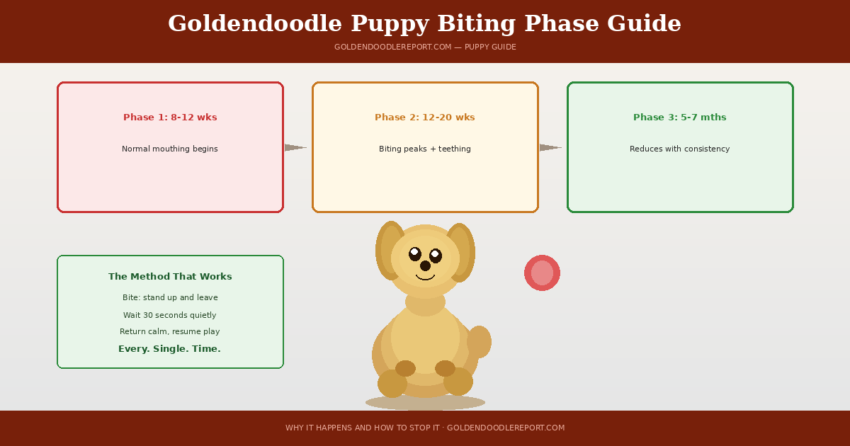 Goldendoodle puppy biting phase guide — illustrated three-phase overview with the method that stops biting