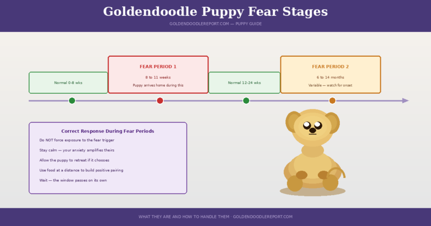 Goldendoodle puppy fear stages — illustrated timeline showing two fear periods and correct response approach