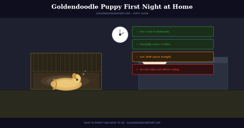 Goldendoodle puppy first night at home — illustrated night scene showing puppy settled in crate in bedroom