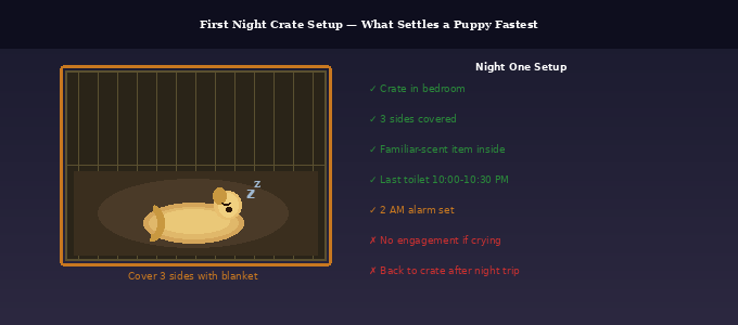 Goldendoodle puppy first night at home crate setup diagram showing correct positioning and cover arrangement