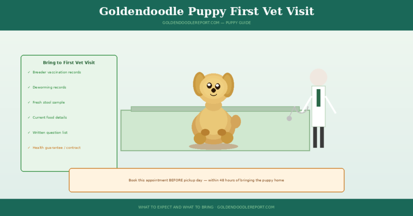 Goldendoodle puppy first vet visit — illustrated scene of puppy on examination table with checklist of items to bring