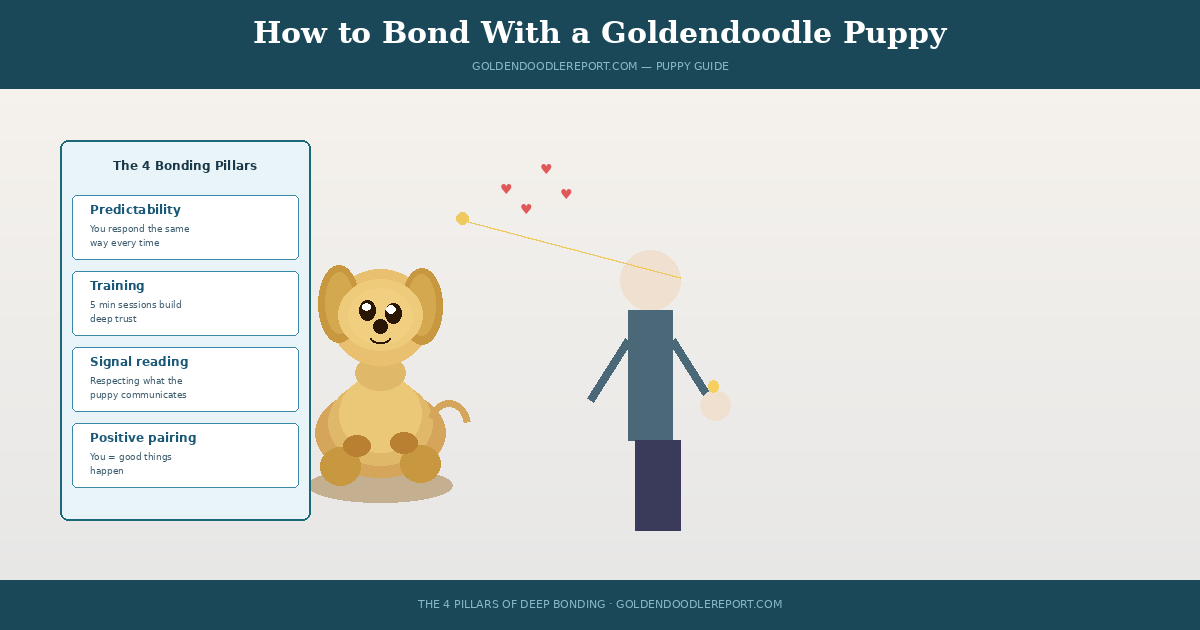 How to bond with a Goldendoodle puppy — week by week first month bonding planner showing four stages of trust building