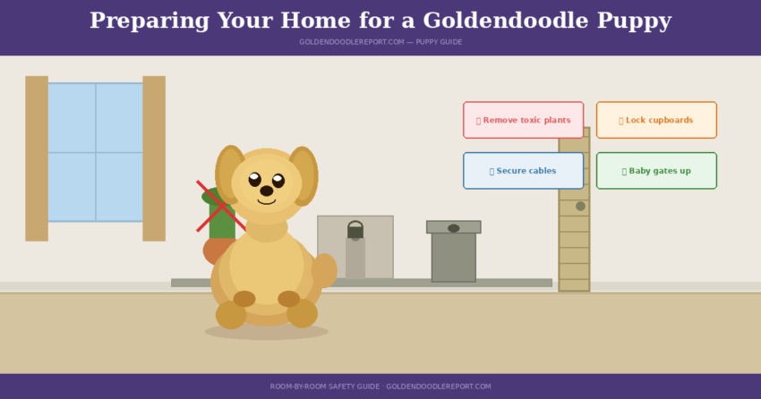 Preparing your home for a Goldendoodle puppy — illustrated room-by-room safety guide