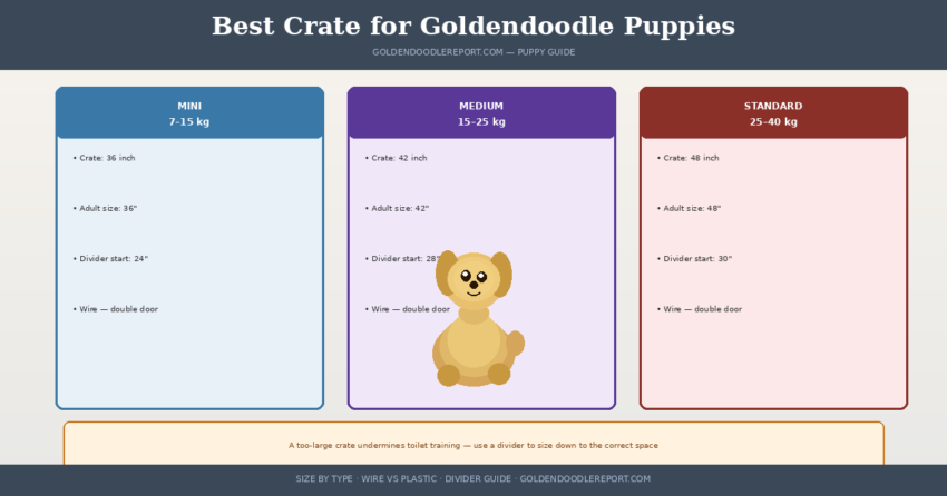 Best crate for Goldendoodle puppies — three size columns showing recommended crate dimensions for Mini, Medium, and Standard Goldendoodles with divider start positions
