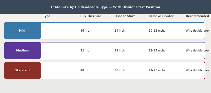 Best crate for Goldendoodle puppies — crate size by type showing recommended dimensions for Mini, Medium, and Standard Goldendoodles with divider start positions