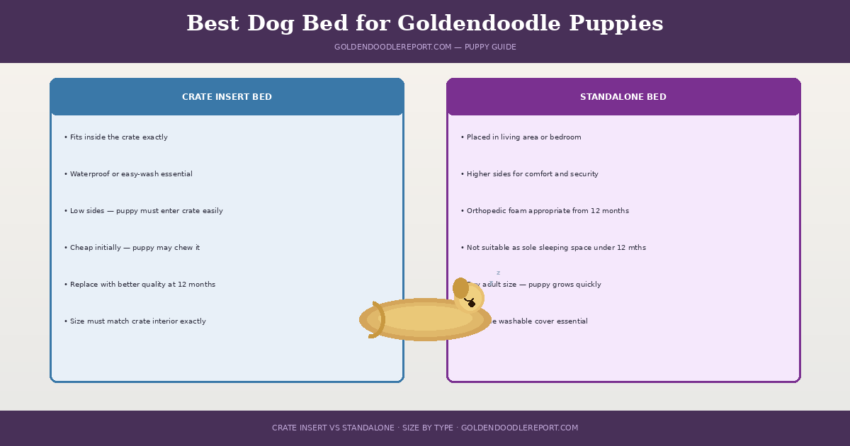 Best dog bed for Goldendoodle puppies — two column comparison showing crate insert bed specifications versus standalone bed specifications