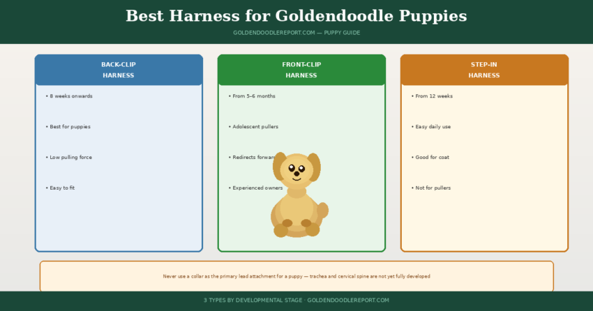 Best harness for Goldendoodle puppies — three columns showing back-clip, front-clip, and step-in harness types with recommended developmental stage for each