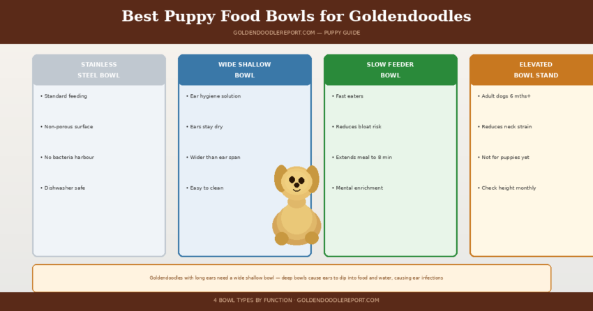 Best puppy food bowls for Goldendoodles — four bowl type columns showing stainless steel, wide shallow, slow feeder, and elevated stand with function and age guidance for each