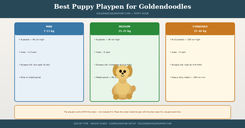 Best puppy playpen for Goldendoodles — three size columns showing panel count, height, and construction requirements for Mini, Medium, and Standard Goldendoodles