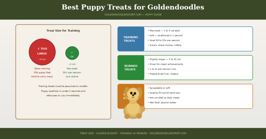 Best puppy treats for Goldendoodles — treat size comparison showing correct pea-sized training treats versus oversized treats, with three treat type categories