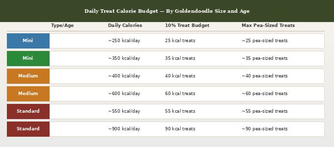 Best puppy treats for Goldendoodles — daily treat calorie budget by Goldendoodle size and age showing 10 percent treat allowance and maximum pea-sized treat count