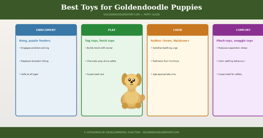 Best toys for Goldendoodle puppies — four category columns showing enrichment, play, chew, and comfort toys with developmental function for each