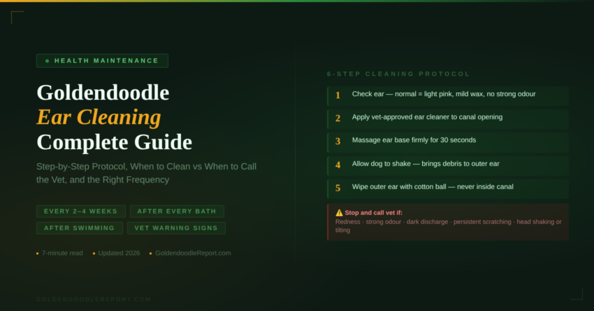 Goldendoodle ear cleaning guide — 6-step cleaning protocol with vet warning signs showing when to stop cleaning and call a veterinarian instead