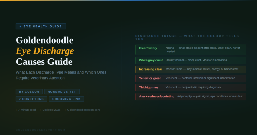 Goldendoodle eye discharge causes — colour-coded triage guide showing clear and white as normal, yellow and green as requiring vet attention, and any discharge with redness as urgent