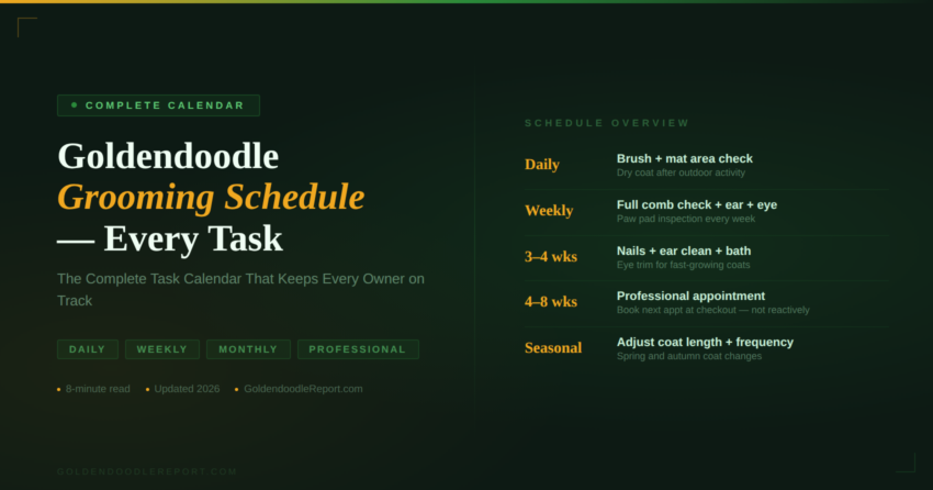 Goldendoodle grooming schedule — complete task calendar showing daily, weekly, monthly and professional grooming frequencies for all coat types