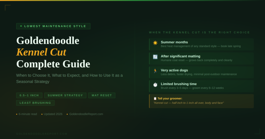 Goldendoodle kennel cut complete guide — when to choose it showing summer months, mat reset, active dogs and limited brushing time scenarios with groomer wording