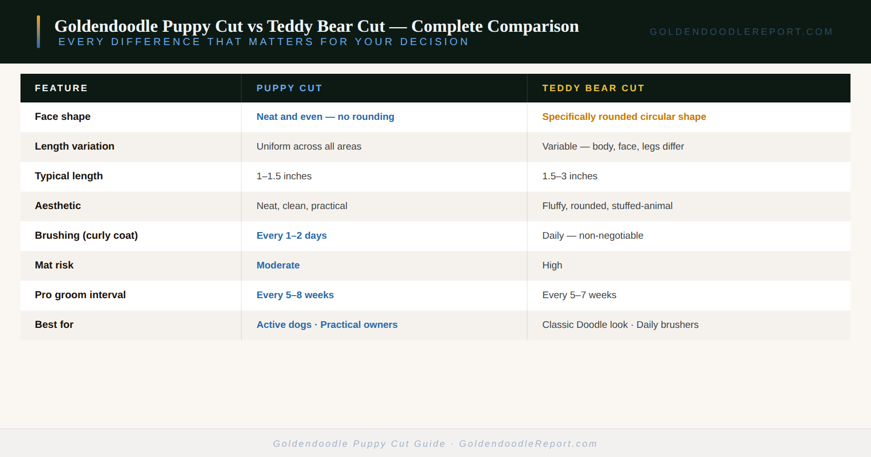 Goldendoodle puppy cut guide — showing style specifications, the difference from the teddy bear cut, and maintenance requirements