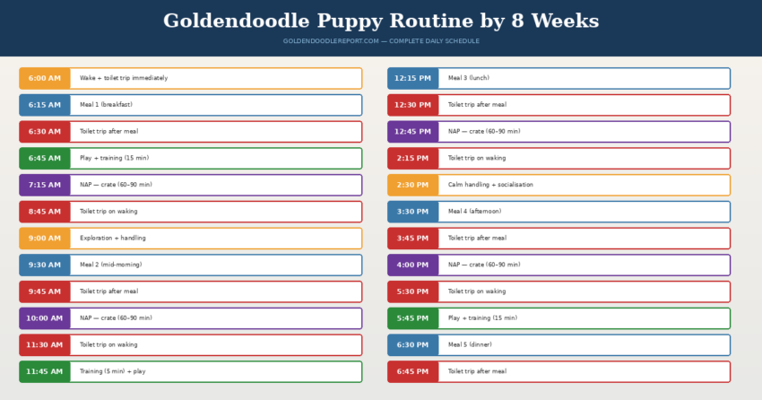Goldendoodle puppy routine by 8 weeks — complete daytime schedule showing colour-coded Feed, Toilet, Play, and Nap blocks from 6 AM to 7:30 PM