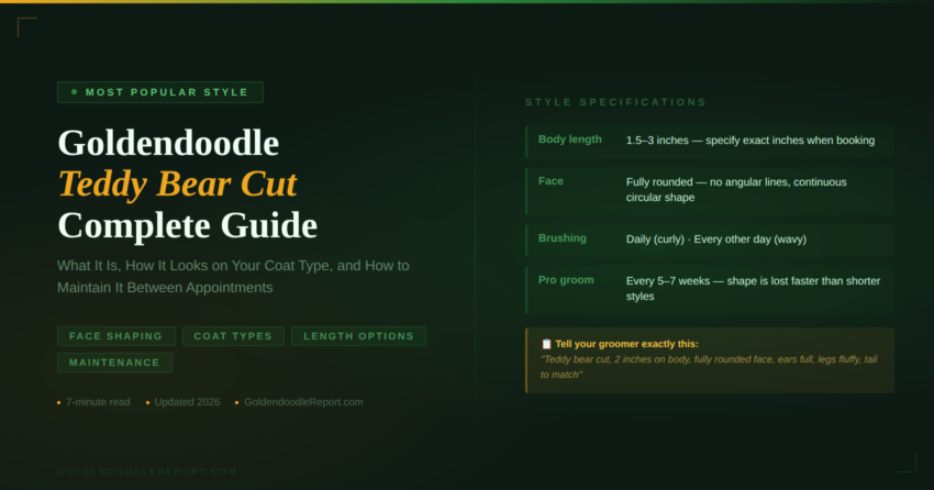 Goldendoodle teddy bear cut complete guide — style specifications showing body length, face shaping, brushing frequency, professional grooming interval and exact wording to tell your groomer