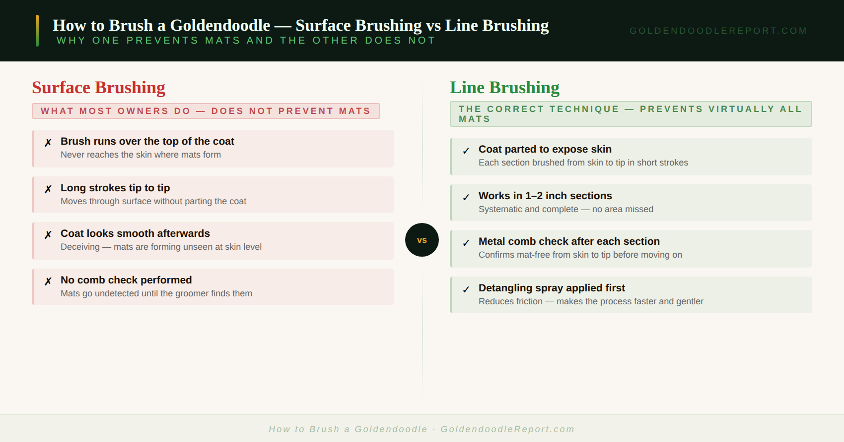 How to brush a Goldendoodle — step by step line brushing technique guide showing correct tool use and section order