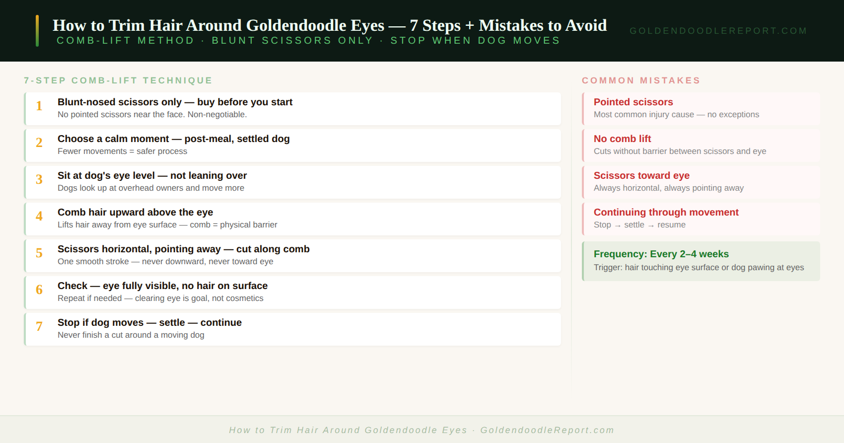 How to trim hair around Goldendoodle eyes — step-by-step technique using blunt-nosed scissors with comb lift method and key safety rules