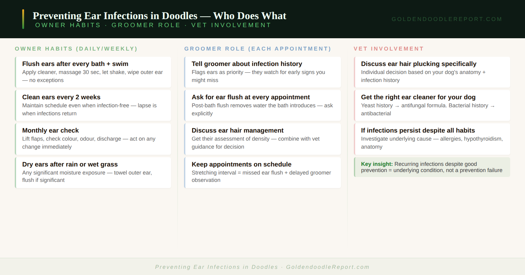 Preventing ear infections in Doodles — complete prevention protocol showing all six habits and the monthly monitoring checklist