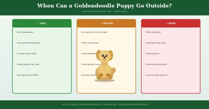 When can a Goldendoodle puppy go outside — traffic-light framework showing safe, caution, and avoid outdoor locations before full vaccination
