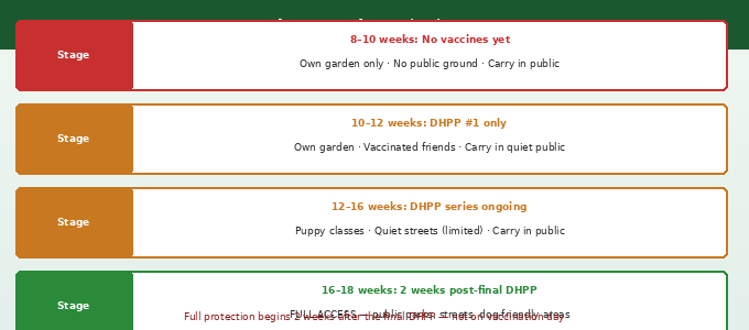 When can a Goldendoodle puppy go outside — outdoor access by vaccination stage showing four stages from 8 weeks to full protection at 16 to 18 weeks