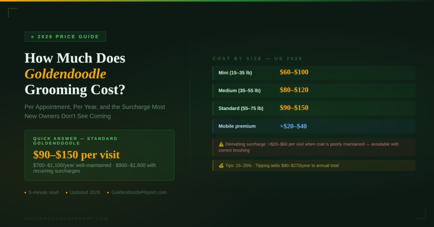 How much does Goldendoodle grooming cost showing price by size mini medium and standard with mobile premium dematting surcharge and annual cost ranges