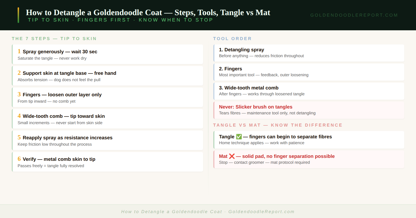 How to detangle a Goldendoodle coat — step-by-step technique showing tip-to-skin direction, tool sequence, and tangle vs mat triage