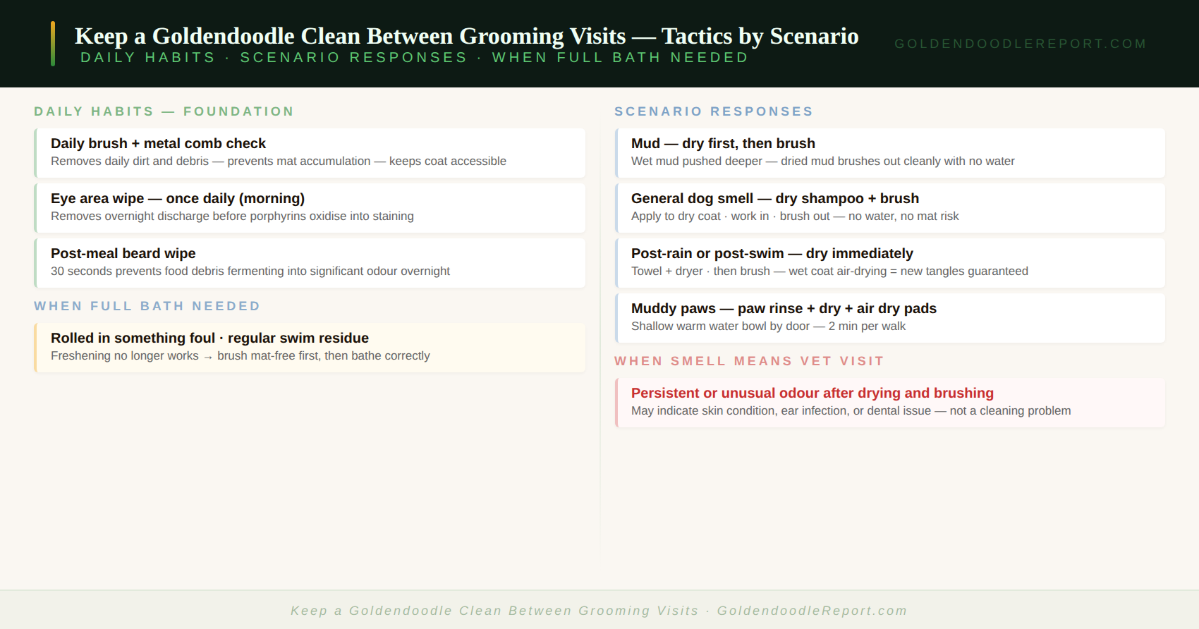 How to keep a Goldendoodle clean between grooming visits — daily brushing, spot cleaning, dry shampoo, post-outdoor drying and when a full bath is needed