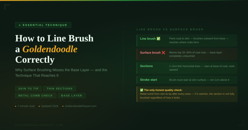 How to line brush a Goldendoodle — comparison of line brush reaching base layer versus surface brush missing it, with thin sections and metal comb check guidance