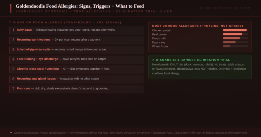 Goldendoodle food allergies — symptom identification guide showing the seven signs of food allergy versus environmental allergy triggers