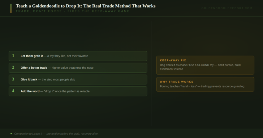Teach a Goldendoodle to drop it with the trade method,the real fix for a dog that turns dropping into a chase game, and how it differs from leave it